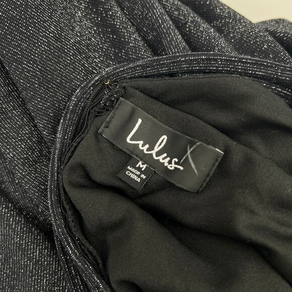 Lulus Metallic Black Fit & Flare Mini Skater Dress with Strappy Back Size M - Picture 6 of 7